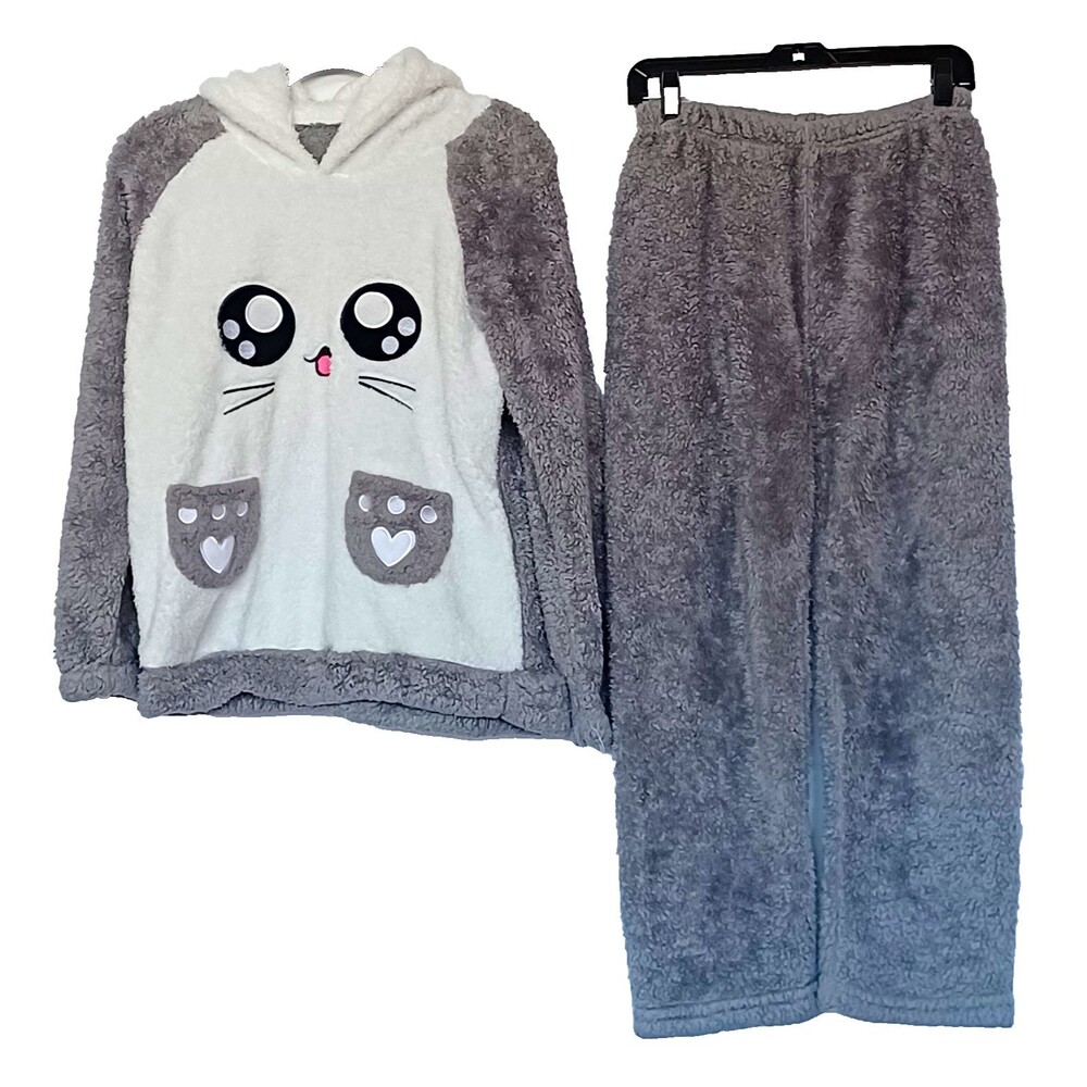 Women's Size S Hooded Fleece Pajama Set, 2-Piece, Gray/White, Long Sleeve Plush